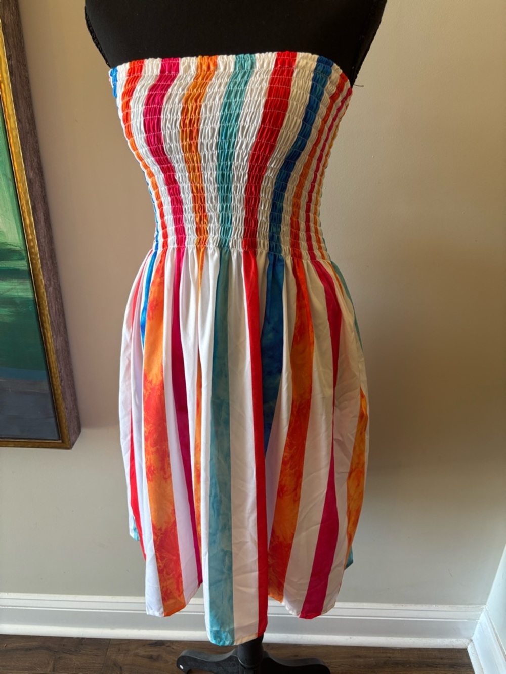 Striped Multicolor Smocked Swim Coverup Dress